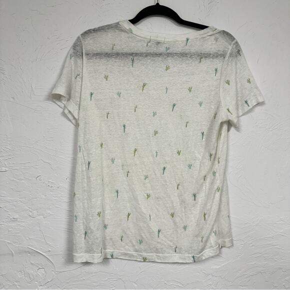 Rails White Linen Cactus Print Tee Shirt Womens M Short Sleeve Sheer V Neck - Picture 10 of 10